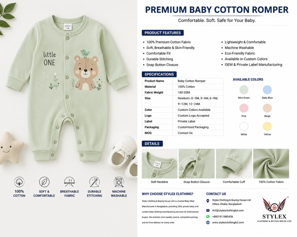 Premium Baby Cotton Romper Manufacturer in Bangladesh by Stylex Clothing